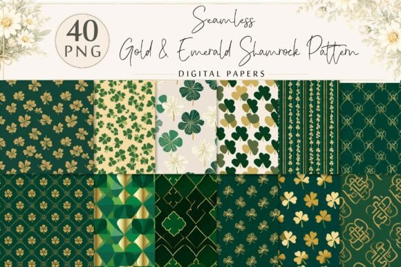 Gold Emerald Shamrock Pattern: 12 Premium PNG Designs