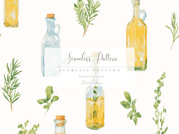Olive Oil Bottles and Herbs Seamless Pattern PNG