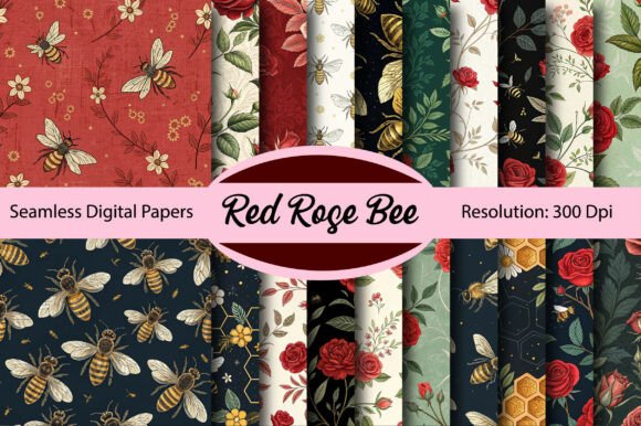 Red Rose Bee Seamless Digital Paper Guide